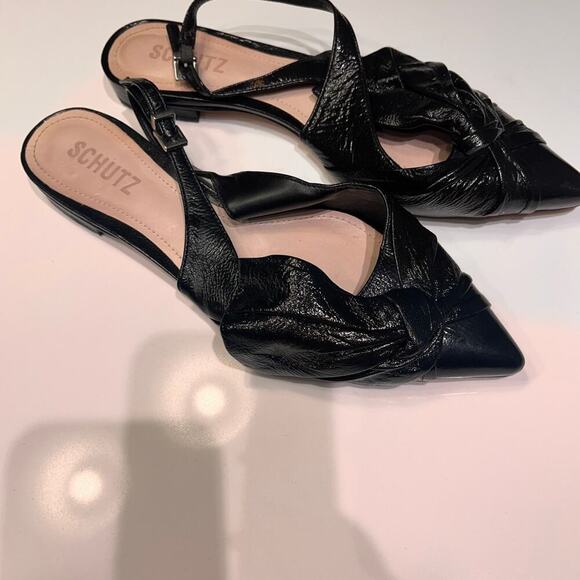 Schutz Shiny Black Leather Slingback Buckle Flats Size 7 - Picture 2 of 6